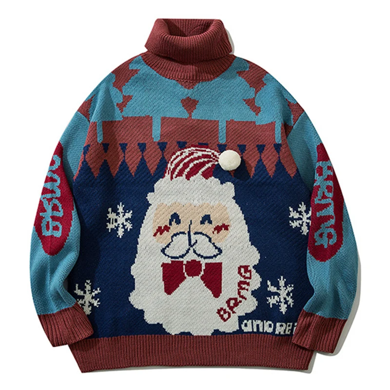Božič pleteni pulover Santa Claus Tiskanja Puloverji Ženske Turtleneck LongSleeve Pletenine Skokih Y2k Oblačila Sneg Ulične