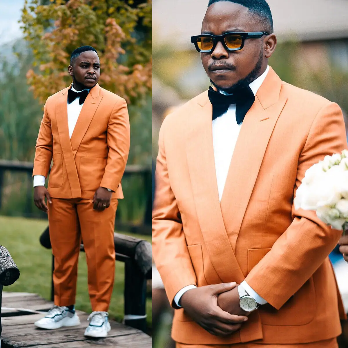 Najnovejše design Moški suknjič hlače Kostum Homme Ženina Tuxedos Stranki Poroka Banket terno masculino po Meri Oranžna Moške obleke