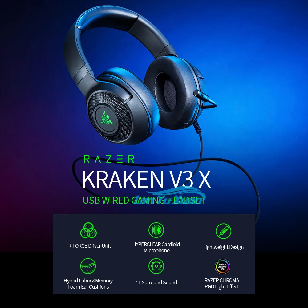 Razer Kraken V3 X Žično Gaming Slušalke 7.1 Surround Slušalke z TRIFORCE 40 mm pogonska Enota HYPERCLEAR Cardioid Mikrofon