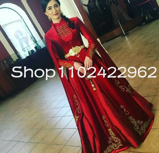 Rdeče Madeže Muslimanskih Caftan Maturantski Priložnost Obleke z Dolgimi Rokavi Cape Vezenje Beaded Alžirski Kavkaški Večerne Obleke