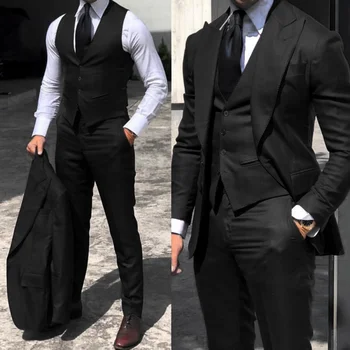 2023 Black Classic Moške Obleko 3 Kosov Jopičem Vrha River Groomsmen Poroka Obleke Komplet Modni Moški Poslovnih Jopič Jopič, Hlače, Telovnik