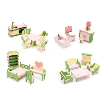 4 Set Lesenih Miniaturnega Pohištva Puzzle Model Otroke