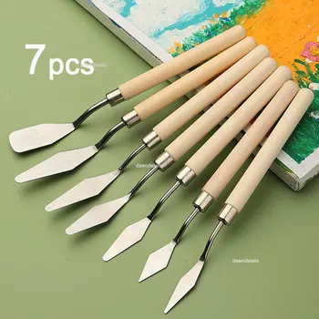 7Pcs Umetnosti Lopatico Mehke Barve Oljna slika, Leseni Ročaj Paleta Nož Set Gouache Slikarsko Lopatico