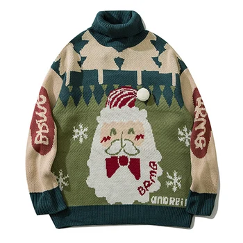 Božič pleteni pulover Santa Claus Tiskanja Puloverji Ženske Turtleneck LongSleeve Pletenine Skokih Y2k Oblačila Sneg Ulične