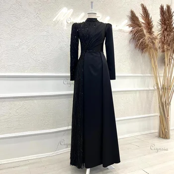 Ciynsia Islamskih Islamski Večerne Obleke za Ženske Luksuzni A-Line Saten Črno Formalno Obleko z Dolgimi Rokavi Visoko Vratu Haljo De Soiree