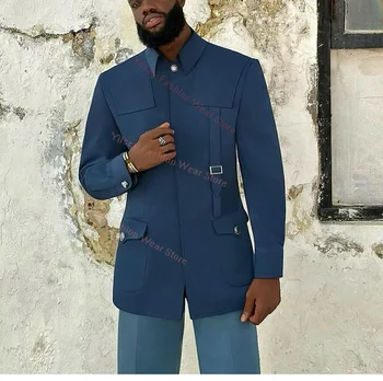 Edinstven Design Safari Obleko Modra Norfolk Suknjič Streljanje Caot Taksist Jopič Hlače Majhne River Nastavljiv Moški Socialne Obrabe 2pcs