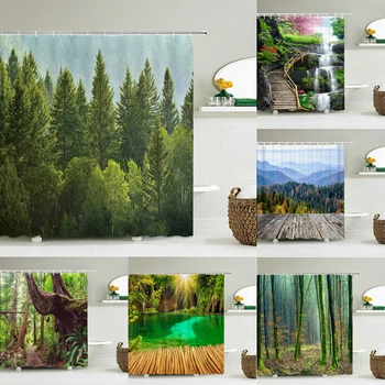 Gorsko 3D Zeleni Kopel Zavese Nepremočljiva Poliester Drevesa, Rastline Gozd Tuš Zavesa Krajine, Narave, Pokrajina, Kopalnica Zavese