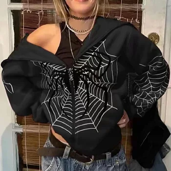 Halloween Gothic Spider Web Print Zip Majica Jakno Harajuku Žensk Runo Prevelik pulover s kapuco Suknjič Temno Ulične Ženske