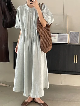 Jastie 2023 Poletje Priložnostne Trdno Obleko Ženske Elegantne Kratek Rokav Naguban Dolge Obleke, ki Ohlapno okoli Eno-zapenjanje Dame Oblačenja