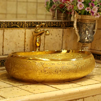 Kitajska Umetniške Ročno Umetnost umivalnik Keramični Števec Vrh keramični umivalniki, ovalne oblike zlati vklesan kopalnica korita
