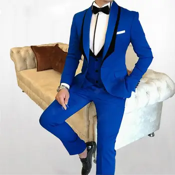 Lep ženin slim Tailcoat modra poroko river bo ustrezala formalno moške osebe poslovno obleko (suknjič+telovnik+hlače)