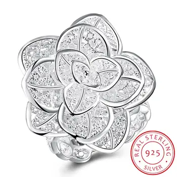 Nastavljiv Big Rose Cvet Prst Rins 925 Sterling Srebro Letnik Prekrita Platinum Obroč za Ženske Romantično Valentinovo Darilo