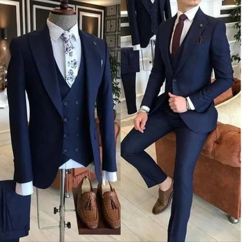 Nova moška Oblačila Smart Casual Poroko Moške Obleke Sklop 3 Kos Moda Vrh River Barva Moški Jopič (Suknjič+Hlače+Telovnik)