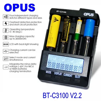 Opus BT-C3100 V2.2 Digitalni Inteligentni 4 Reže LCD Polnilec Za Li-ion baterija NiCd, NiMH AA AAA 10440 14500 18650 17335 17500 Rec