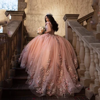 Pink Princess Quinceanera Obleke Žogo Obleke 3DFlower Čipke Appliques Beading Sweet 16 Obleko Vestidos De 15 Años Prom Oblačenja