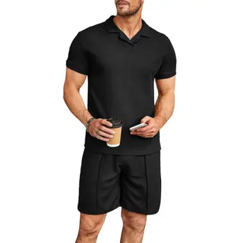 Plaža priložnostne hlače, V-neck majica polo, dve barva reverji, kratka sleeved casual moški set, trendy moške set