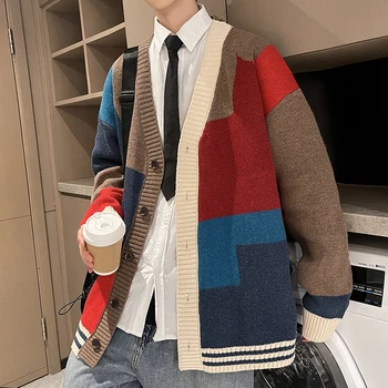Plus Velikost 7XL 6XL 5XL korejskem Slogu Moških Mozaik Barve Sweatercoat Nekaj Modo Jeseni, Pozimi Puloverji Pleteni Jopiči 7XL-M