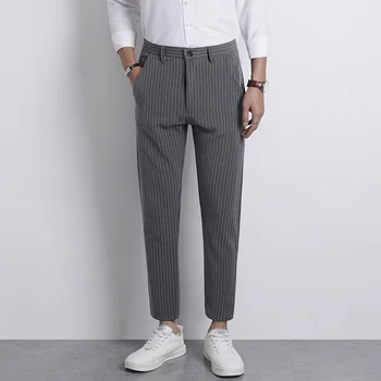 Poletje Novih Moških Gleženj-Dolžina Priložnostne Obleko Hlače 2023 Moda korejski Trend Slim Fit Klasičnih Prugasta