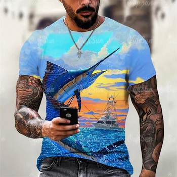 Poletne Moške Krog Vratu T-shirt Trend 3D Ocean Tiskanja T-srajce za Moške Prevelik Moda Vrhovi Stripov Slog Vzorec Kratek Rokav