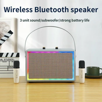 Prenosni Visoko-zmogljiva Brezžična Karaoke Zvočnik Lesa Retro PU Usnje Zvočnik RGB Svetlobe Stranke K - Pesem Bluetooth Audio (zvok Bluetooth z Dvojno Mic