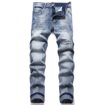 Ripped Stretch Skinny Jeans Pomlad Jesen Punk Bele Barve Mid-Pas Hlače Modre Priložnostne Slim-Fit Traper Hlače