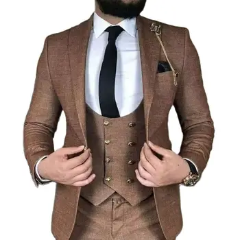 Rjava Poslovne Moške Obleke Slim Fit Moški Modni Poroko Jopičem za Ženina Večerja 3 Kosov Jakna Telovnik, Hlače z Formalnih Kostum