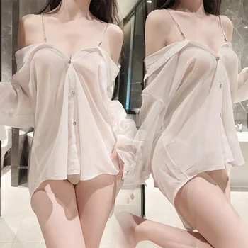 Seksi naramnice za svedre verižno srajco tip pižamo ženski vroče erotično spodnje perilo vidi skozi šifon enotno nightgown