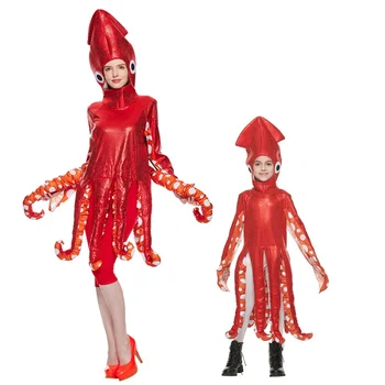 Smešno Družino Lignji Kostum Rdeče Hobotnice Goba Jumpsuits Za Starša In Otroka Halloween Živalske Kostume Karneval Pustna