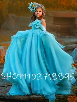 Svetlo Modro Nebo Boho Roža Punca Obleke 2023 Cvetlični Otroci Rojstni Dan Praznik Oblek Za Photoshoot Til Prvo Obhajilo Obleko