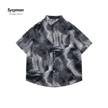 Sycpman Ameriški Stil Hiphop Geometrijske Teksturo Natisnjena Kratka Sleeved Majico Trendy Moških Retro Svoboden Priložnostne Majice za Poletje