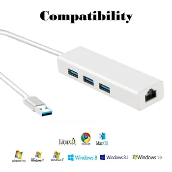 USB Ethernet Adapter 3 Vrata USB 3.0 Hub USB, Rj45, da 1000Mbps Lan mrežno Kartico za Macbook pro Mac Namizje