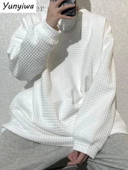 Vaflji Majica Jesen Zima Dolgo sleeved Majico korejski Ulične Ohlapno Belo Vrh Unisex Mestni Slog Dno Majica