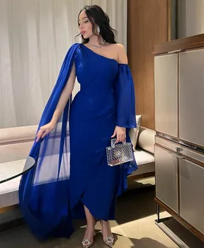 Vintage Kratek Kraljevsko Modra Šifon Muslimanskih Večerne Obleke A-Line Eno Ramo Gleženj Dolžina Naguban Formalno Prom Oblačenja za Ženske