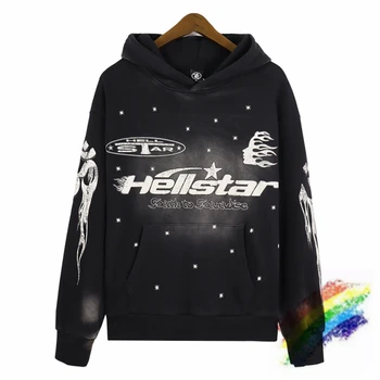 Vintage Oprana Black Star Tiskanje Hellstar Hoodie Moški Ženske Vrh Kakovosti Sweatshirts Prevelik Puloverji Hooded