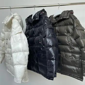 Zimske moške prosti čas Navzdol jakno Velik žep Hooded toplo 1:1 plašč 95% bela gos navzdol NFC Pošlji dustproof vrečke