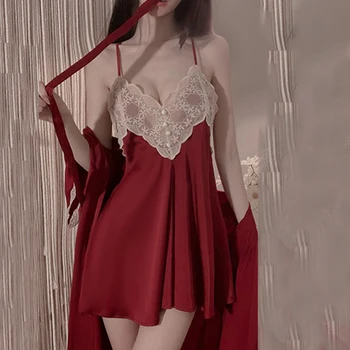 Ženske Saten Nightdress Seksi Čipke Mozaik Pregleden Suspender Sleepwear Votlih Perilo Sladke Skušnjave Kopalni Plašč Nightgowns